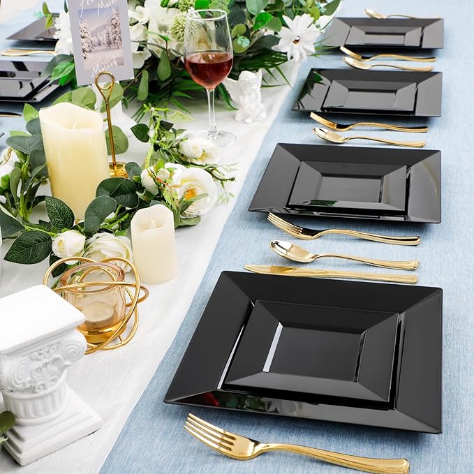 Liacere100PCS Black Plastic Plates-Premium Black Square Disposable Plates-Include 50PCS 9.5inch Dinner Plates - 50PCS 6inch Dessert Plates for Party&New Year&Halloween