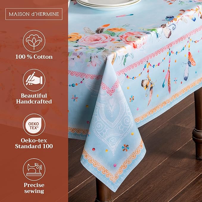 Maison d' Hermine Table Cloth Rectangle Table 100% Cotton 60 x 108 Inches Tablecloth Reusable Decorative for Dining Room Farmhouse Home Valentines Day Decorations Spring Summer - Ibiza - Blue