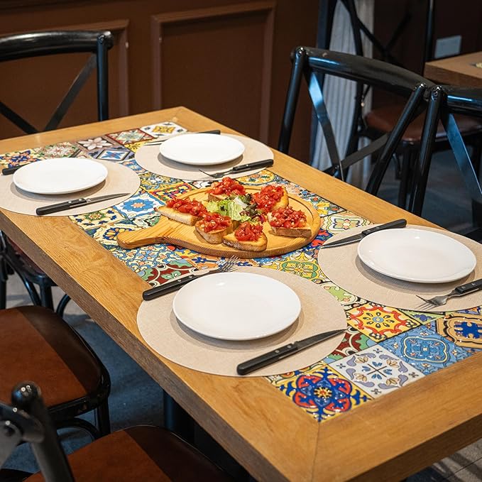 Round Wipeable Placemats Set of 6 – Faux Leather Round Table Mats, Waterproof & Washable Vinyl Placemats, Circle Design for Dining Table Decor– Ivory Beige