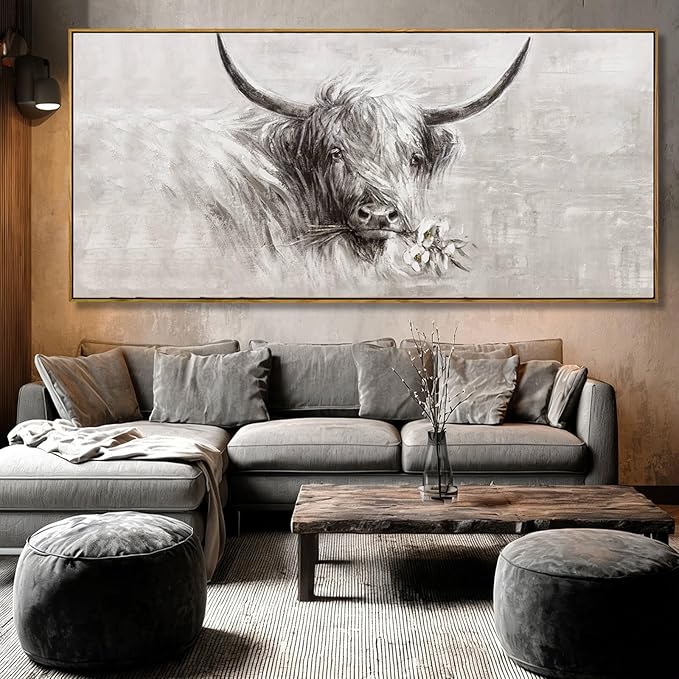 Framed Extra Large Gray Gold and White Cow Canvas Wall Art with Flower Modern Farmhouse Animal Poster for Living Room Bedroom Office Wall Decor 40x88 Inch