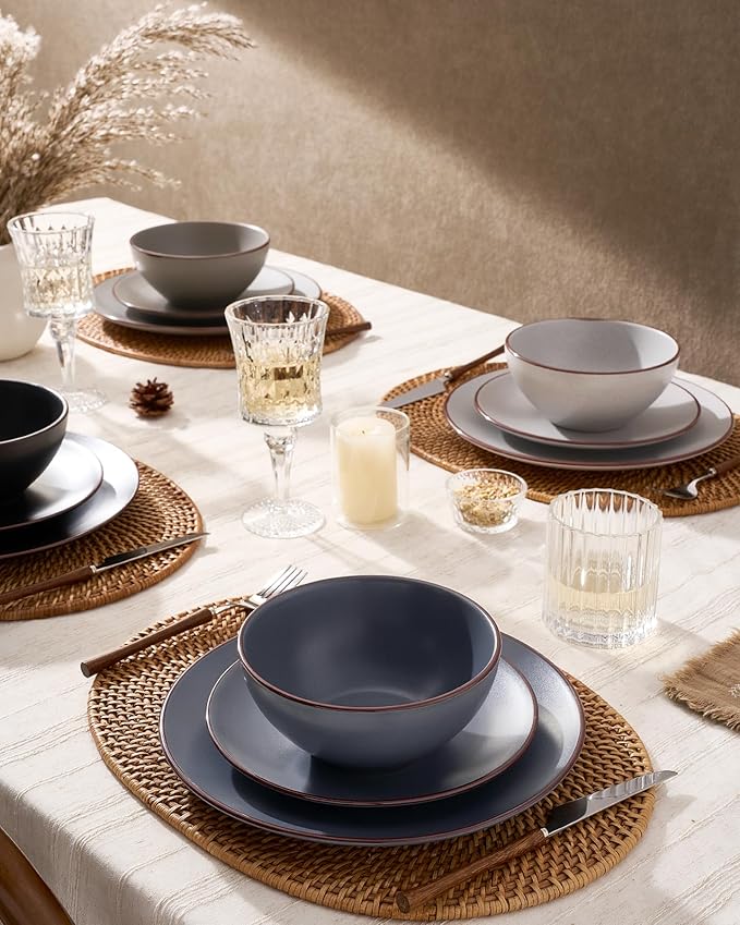 Famiware Venus Speckled Dinnerware Set with Pasta Bowls, Service for 4 (16 Pieces), Stoneware Plates and Double Bowls Sets, Microwave & Dishwasher-Safe Dishes with Trim, Matte Multi-color