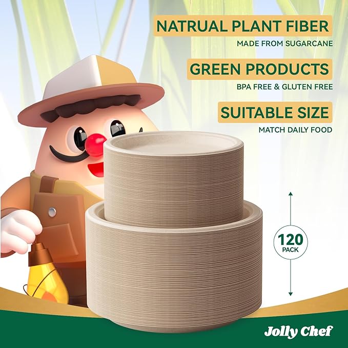 JOLLY CHEF Compostable Heavy Duty Plates 𝟳 𝗶𝗻𝗰𝗵 𝗮𝗻𝗱 𝟵 𝗶𝗻𝗰𝗵 [𝟭𝟮𝟬 𝗣𝗮𝗰𝗸] Eco-Friendly Disposable Paper Plates Bagasse Biodegradable Sugarcane for Party Hot Cold Foods Christmas(Brown)