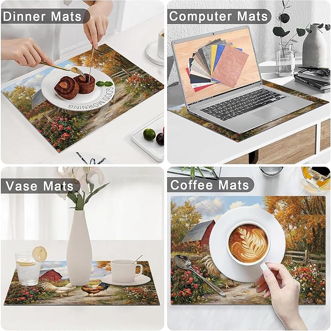 Farmhouse Rooster Placemats Set of 4, Farm Chicken Place Mats, Rustic Farm Coop Waterproof Washable Table Mats for Home Party Indoor Kitchen Dining Table Decoration 12x18 Inch