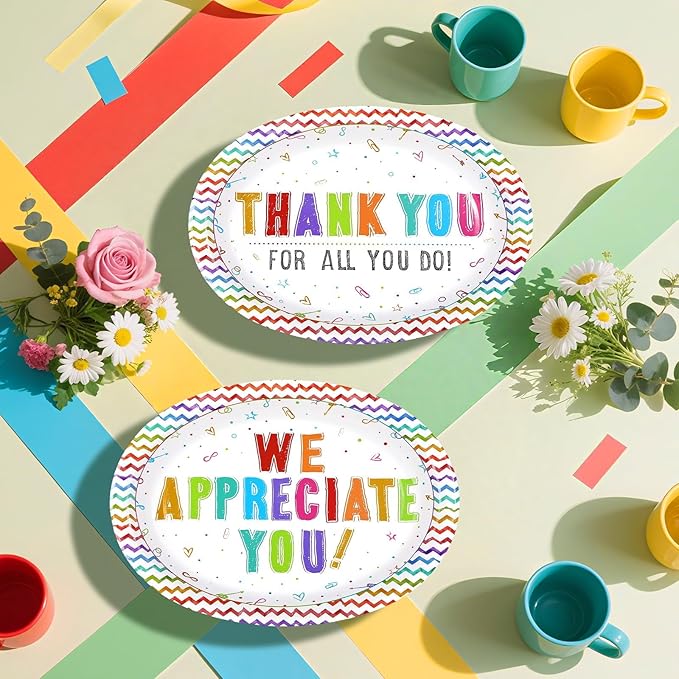 50Pcs Thank You Oval Paper Plates 10" x 12" Large We Appreciate You Paper Platters Teacher Appreciate Dessert Plates for Valentine’s Day Volunteer Employee Teacher Doctor Appreciation Party Decor