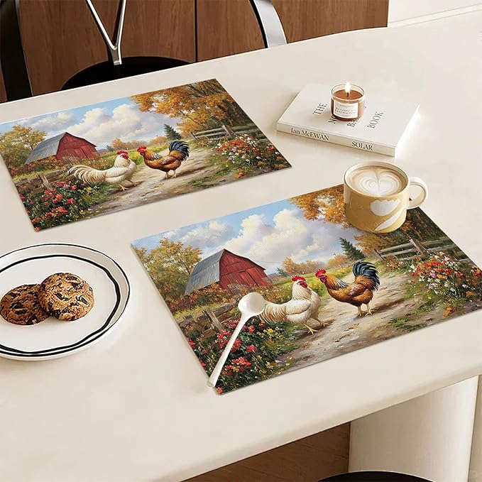 Farmhouse Rooster Placemats Set of 4, Farm Chicken Place Mats, Rustic Farm Coop Waterproof Washable Table Mats for Home Party Indoor Kitchen Dining Table Decoration 12x18 Inch