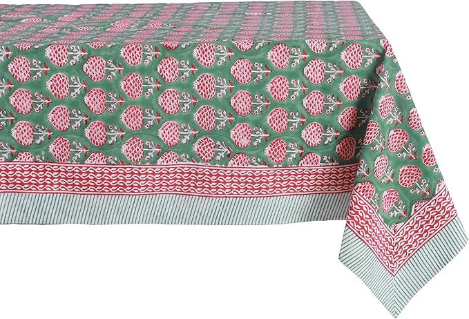 ATOSII Roma Green 100% Cotton Fall Autumn Rectangle Tablecloth, Hand Block Print Washable Table Cover, Christmas Parties Buffet Dining, Weddings, Thanksgiving, Preppy Decor 60 X 108 Inches 8 Seater