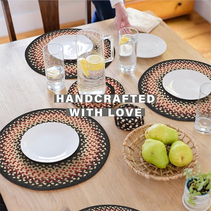 Homespice Primitive Star Gloucester Round Braided Placemats, Warm Primitive Decor, Set of 2, 15" Black and Red Jute Table Mats - Vibrant Colors, Durable, Easy to Clean and Protects Furniture