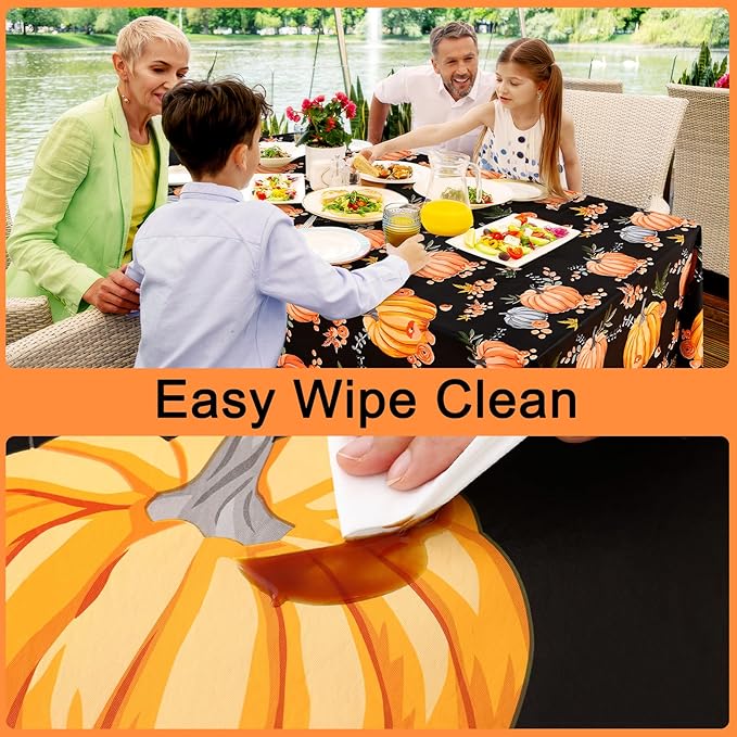 Smiry Fall Rectangle Table Cloth, Waterproof Vinyl Tablecloth with Flannel Backing, Wipeable Autumn Pumpkin Plastic Tablecloths for Harvest and Thanksgiving Parties, (60"x120", Black & Orange)