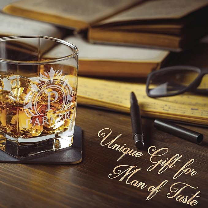 Customization Mill Set of 3, Monogrammed Whiskey Rocks Glasses w/ Name & Initial - Gifts for Men 9 Designs Personalized Bourbon Custom Birthday Dad, Old Fashioned Scotch