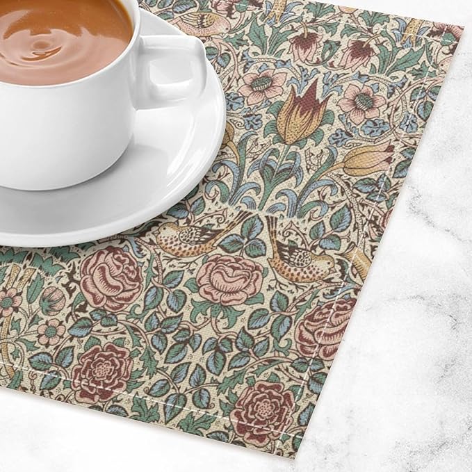 William Morris Placemat Set, Beige Blue Pink Vintage Rustic Art Exotic Ethnic Floral Bird Seamless Pattern Home Decor Linen Table Mats for Dining Room Kitchen Party (17x12in) x4P