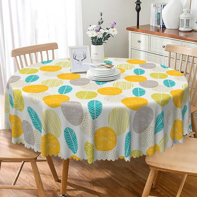 Laeacco 36 Inch Geometric Round Tablecloth Colorful Abstract Oval Leaf Pattern Modern Art Print Table Cloth Washable Waterproof Wrinkle Free Table Cover for Kitchen Dining Picnic Party Decoration