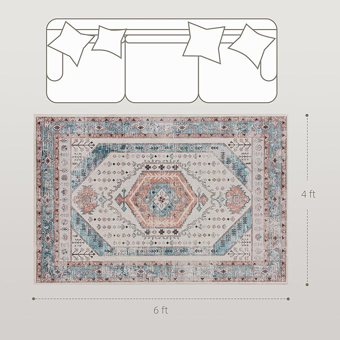 HOMCOM Washable Area Rug, 4'x6' Vintage Indoor Distressed Carpet, Retro Floor Cover Foldable, Floral Print Mat for Living Room, Bedroom, Dining Room, Brown and Blue