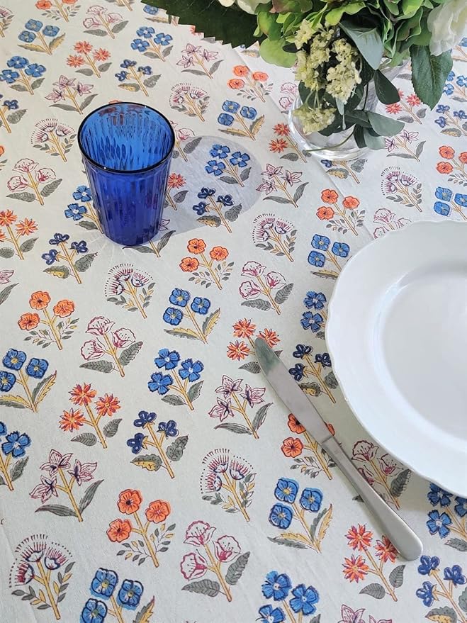 ATOSII Flora Bloom 100% Cotton Rectangle Boho Fall Tablecloth, Handblock Floral Table Cloth Linen for Kitchen Dining I Parties Wedding Outdoors Christmas Thanksgiving I 72 X 140 Inches I 12 Seater
