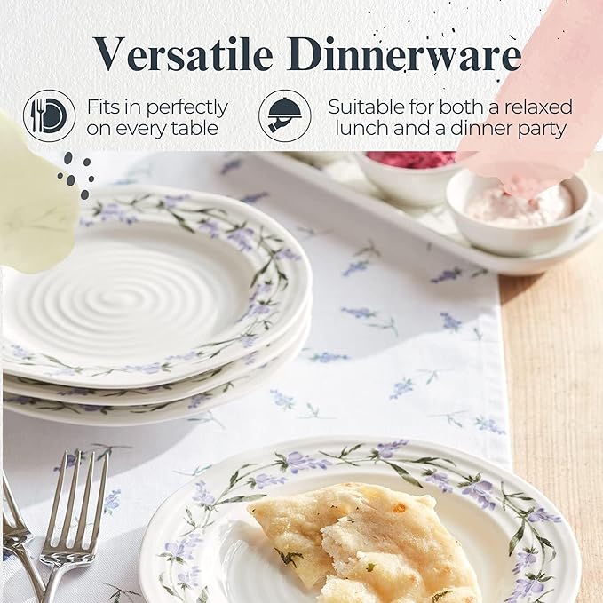 Portmeirion Sophie Conran Lavandula 8 Inch Salad Plates, Set of 4 - Rippled Porcelain Plates with Lavender Sprig Detail for Garden Brunches, Casual Entertaining & Seasonal Dining - Dishwasher Safe