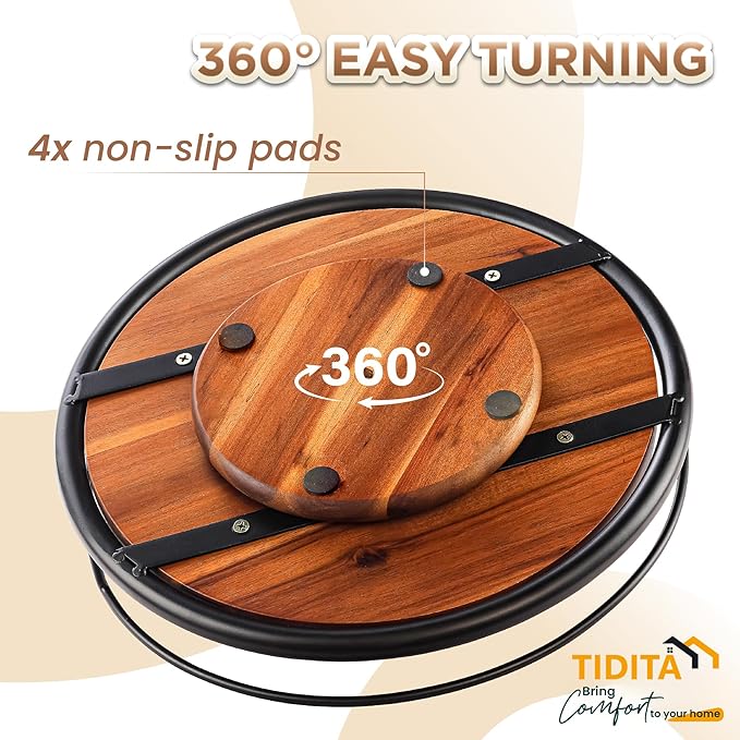 10" Acacia Wood Lazy Susan Turntable with Metal Frame for Table Top - Wooden Serving Tray Rotating for Kitchen Counter - Centerpiece Organizer Storage Food Bin Container for Pantry, Fridge, Cabinet