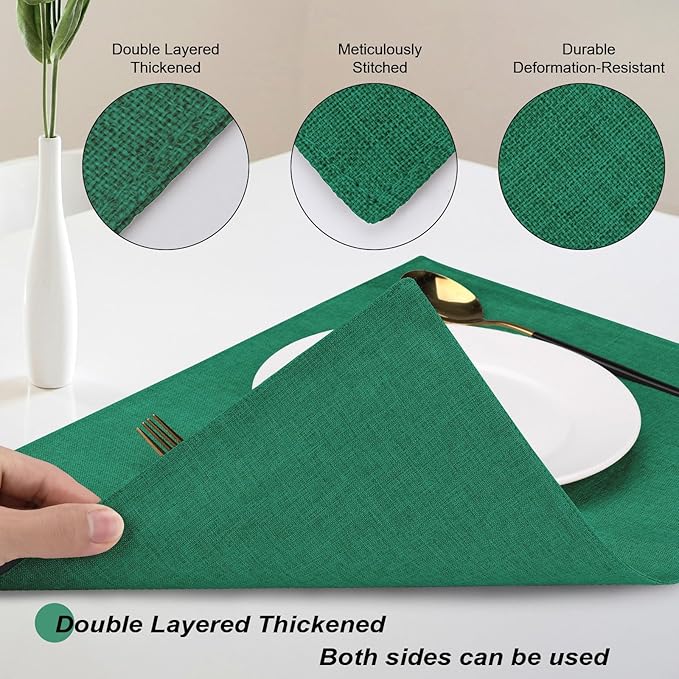 Cloth Placemats Set of 4, Cotton Linen Blend Machine Washable Double Layered Durable Place Mats Heat Resistant Placemats Wrinkle Free Thick Fabric Dining Table Mats (Green, 4)