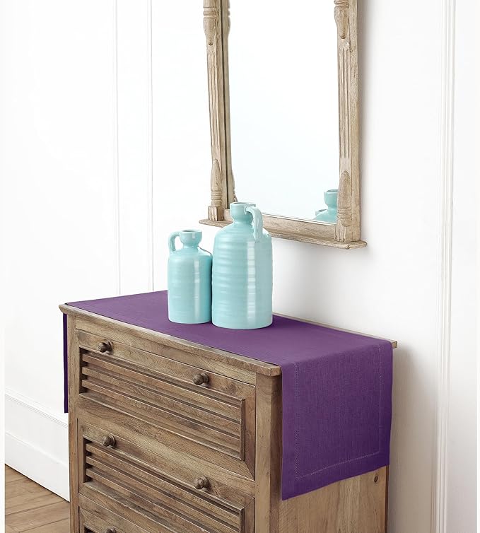 Solino Home Linen Purple Table Runner 48 Inches - Classic Hemstitch, 100% Pure Linen Coffee Table Runner 14 x 48 Inch Ideal for Dresser Tables - Winter, Spring, Easter, Valentines