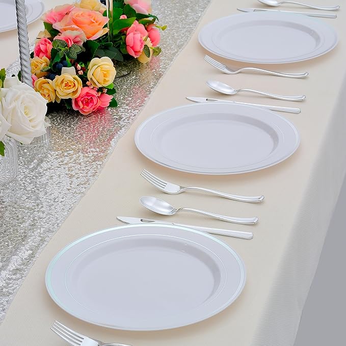 50 PCS Silver and White Plastic Plates for 50 Guests,10.25inch Silver Rimmed White Disposable Plastic Plates for Wedding,Party,Birthday,Smooth Edge & Heavy Duty Dinner Plate