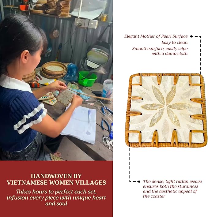 Handmade Rattan Coaster Set of 6, Cute Square Coasters with Mother of Pearl,Colorful Boho Coaster for Decorative, Coffee Table - Bar & Outdoor Drink Coasters, Unique Housewarming - Occasions Gift