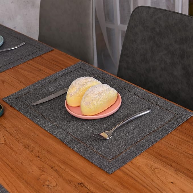 Tosewever Set of 4 Decorative Linen Placemats 12 x 18 Inches, Farmhouse Style Table Mats for Everyday Dining Wedding Party Holiday Home Decor (4 Pieces 12 x 18”, Grey/Straight)