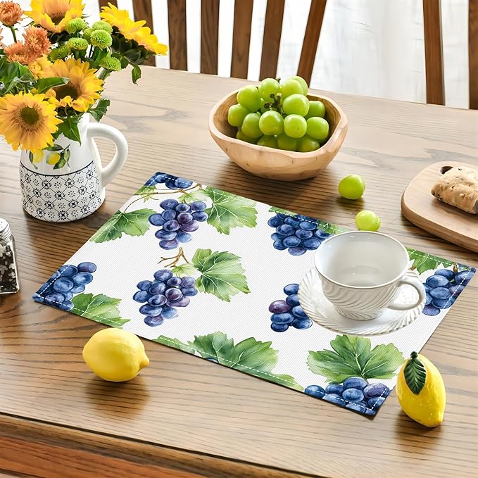 Grape Placemats Set of 6, Blue Grapes Place Mats, Fruit Waterproof Washable Table Mats for Home Party Indoor Kitchen Dining Table Decoration 12x18 Inch