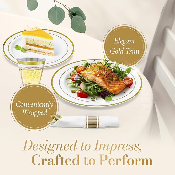 Reli. Plastic Plates for Party | 350 Pieces | White w/Gold Rim | Plates and Napkins Party Supplies | Disposable Dinnerware Set for 50 Guests | Dinner & Dessert Pack, Pre-Rolled Gold Cutlery Set, Cups