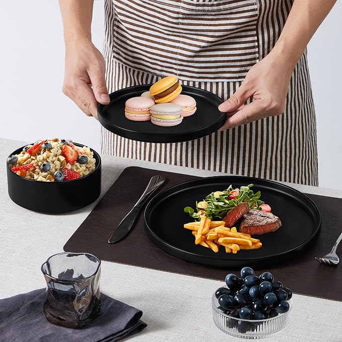 E-far 16-Piece Black Plates and Bowls Sets - Stoneware Dinnerware Sets with Pasta Bowls for 4 | Matte Black Kitchen Modern Dish Set, Microwave & Dishwasher Safe