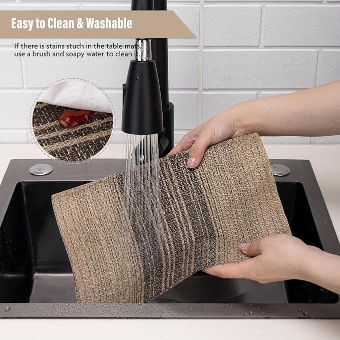 Winknowl Placemats Set of 8, Washable Vinyl Woven Placemats, Heat Resistant & Wipeable Table Mats for Kitchen Dining Table (Brown)