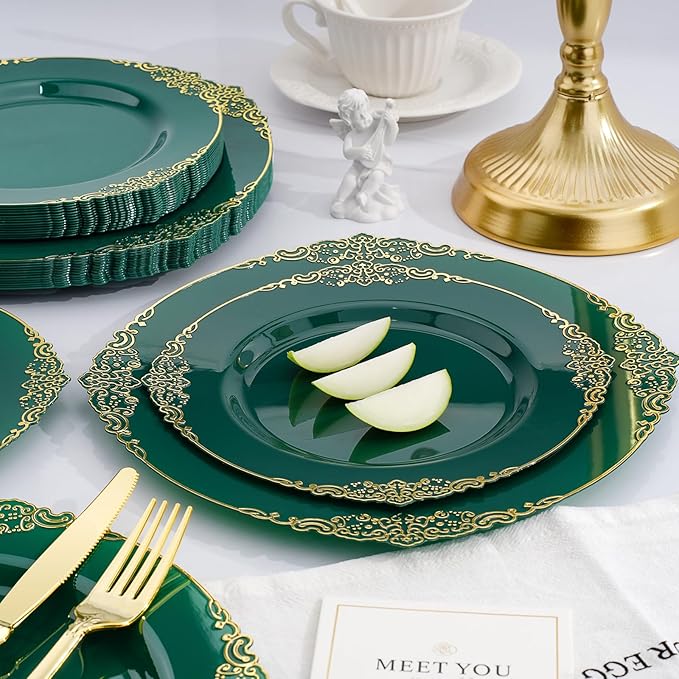 350 PCS Green and Gold Plastic Plates, Plastic Dinnerware Set for 50 Guests, 100 Disposable Plates, 150 Silverwares, 50 Cups, 50 Napkins for Party, Wedding, Graduation