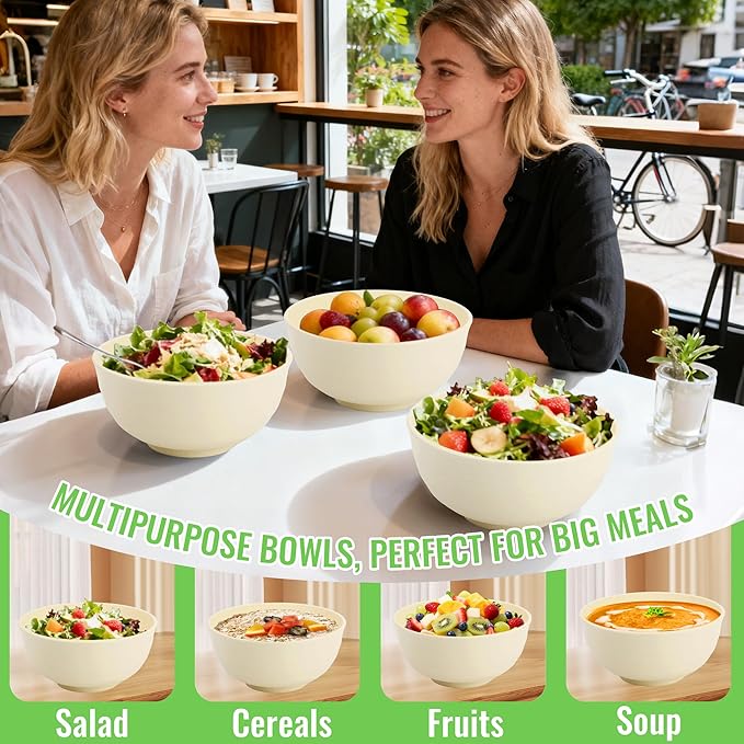 Large Wheat Straw Bowls Set of 6, 60 OZ Unbreakable Serving Bowls, Microwave Safe & Dishwasher Safe, Perfect for Salad, Fruit, Cereal, Soup, Ramen, Family Meals, Beige