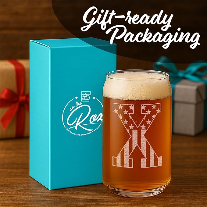 Monogram Beer Glasses for Men Women (A-Z) 16 oz - Beer Gifts for Men Brother Son Dad Neighbor - Unique Gifts for Him - Personalized Drinking Gift Beer Glass Mugs - Engraved Beer Can Glass ( X )