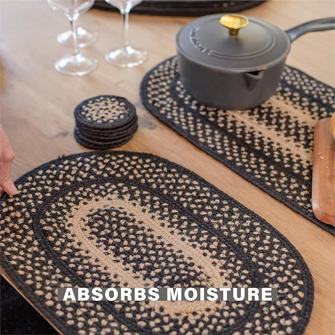 Homespice Manchester Jute Braided Rope Coasters 4", Country Primitive Decor, Set of 6, Black and Tan - Durable, Absorbs Moisture, Easy to Clean and Protects Furniture