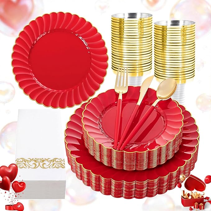 Ciaell 175 PCS Red Scalloped Plastic Plates with Gold Trim - Red Plastic Silverware with Handle - Fancy High-End Dinnerware Sets for Wedding & Valentine's Day & Party