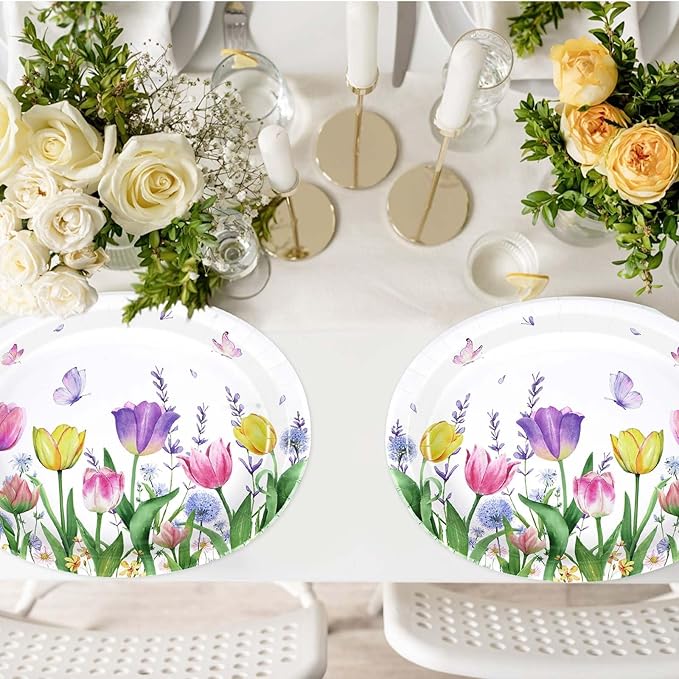 50 Pcs Tulip Oval Paper Plates Large 10" x 12" Tulip Lavender Floral Plates Disposable Heavy Duty Butterfly Flower Plates for Easter Spring Wedding Bridal Baby Shower Decor Birthday Tea Party Supplies