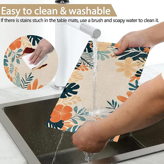 Tropical Floral 12x18 Inch Placemats Set of 6 - Orange Waterproof, Non-Slip & Washable Table Mats for Kitchen & Dining Table Placemats