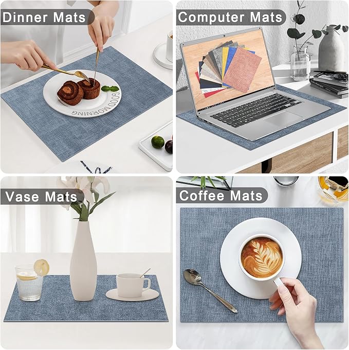 Homaxy Faux Leather Heat Resistant Placemats for Dining Table Set of 12, Waterproof Wipeable Washable PU Table Mats, Easy to Clean Anti-Slip Place Mats, 11.8" x 17", Blue