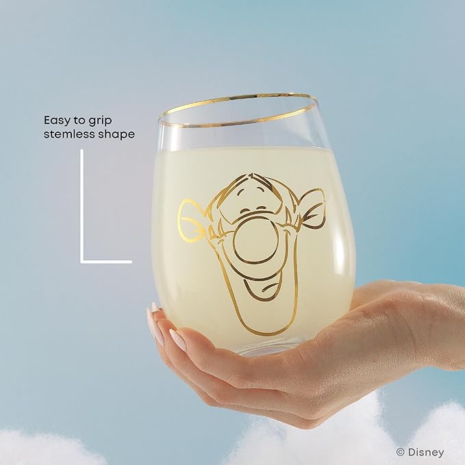 JoyJolt Disney Winnie the Pooh Gold Sketch Stemless Drinking Glasses Set of 4, 19oz Glass Cups ft Pooh Bear Tigger Piglet Eeyore, Disney Kitchen Glassware Set, Winnie the Pooh Adult Gifts