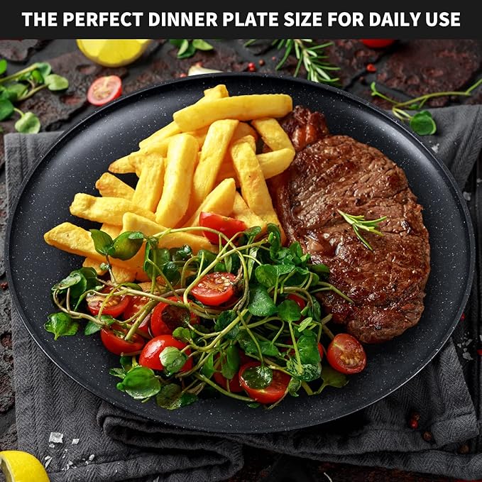 MISS BIG 10 inches Wheat Straw Plates,Plastic Plates Reusable Set of 4,Dinner Plates for Kids&Adults,Dishwasher & Microwave Safe,Eco-Friendly,BPA Free(Black)