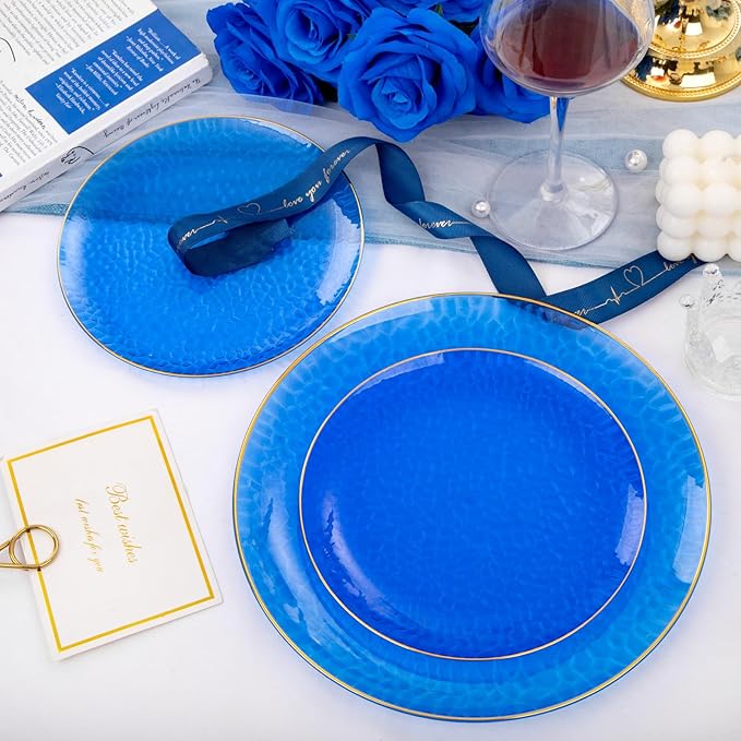 Hioasis 60pcs Blue Plastic Plates - Gold Rimmed Disposable, Hammered, Heavy-duty Dinnerware Set Suitable for 30 Guests, 10.25" Dinner & 7.5" Dessert Plates for Party & Wedding