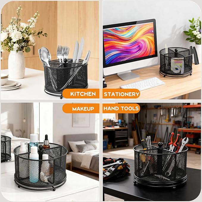 2 Pack 360° Rotating Metal Utensil Caddy - 4 Compartment Silverware Cutlery Holder, Effortless Access Fork Spoon, Silverware Holder for Party Countertop Buffet Picnic Camping Outdoor