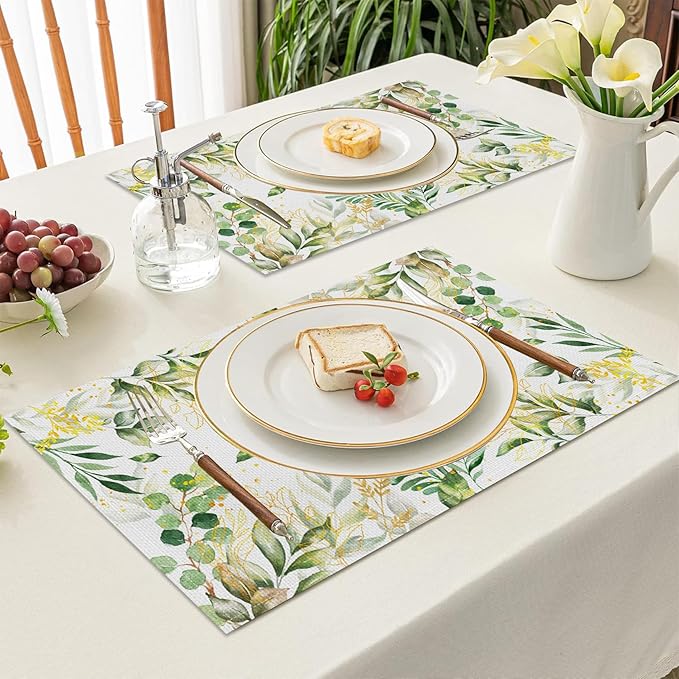AOFOTO Watercolor Leaves Printed Placemats Set of 4 Spring Sage Green Gold Leaves Place Mats Washable Rectangular Table Mats for Party Home Kitchen Restaurant Dining Table Decor 12x18 Inch