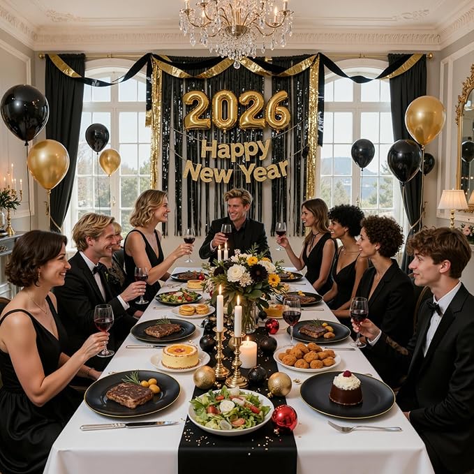 KIRE 200Pcs Black Plastic Plates - Black and Gold Plates Disposable for Party - Include 100 for Dinner and 100 for Dessert for Birthday/Wedding/New Year