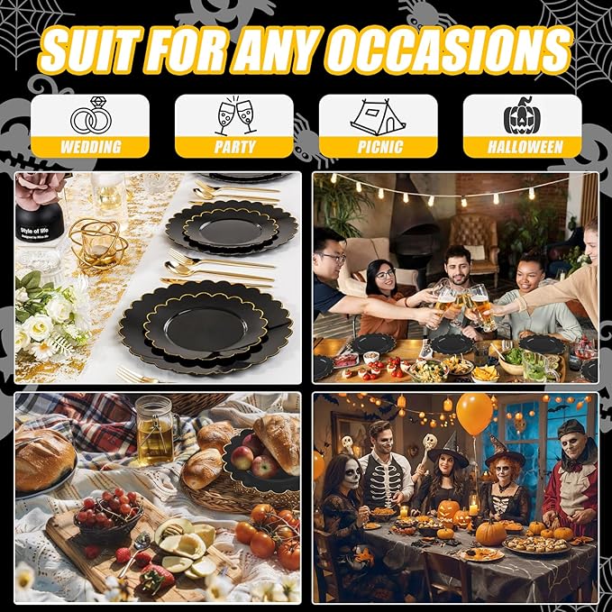 SUT 72 PCS Black Plastic Plates with Gold Rim, plates Disposable Heavy Duty, 10.25 inch plastic Dinner Plate, black Disposable plate for Party