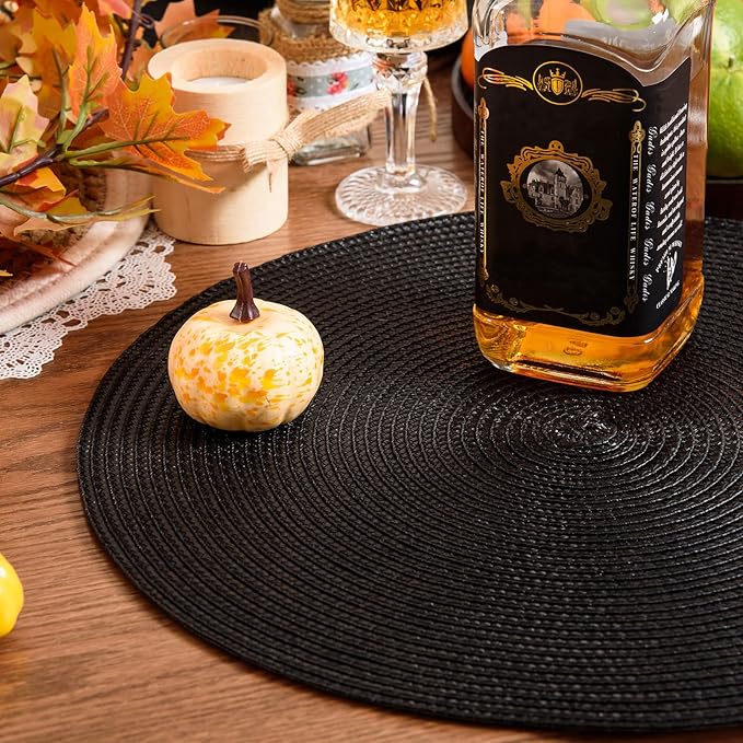 AHHFSMEI Round Braided Placemats 15 Inch Round Table Mats for Dining Tables Natural Woven Heat Resistant Place mats Set of 8 (Black,8)