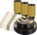 WELLIFE 210PCS Black and Gold Plastic Plates - Plastic Dinnerware Set for 30 Guests,Include 30 Dinner Plates, 30 Dessert Plates, 30 Black Cups 9 OZ, 30 Pre Rolled Napkins with Gold Silverware