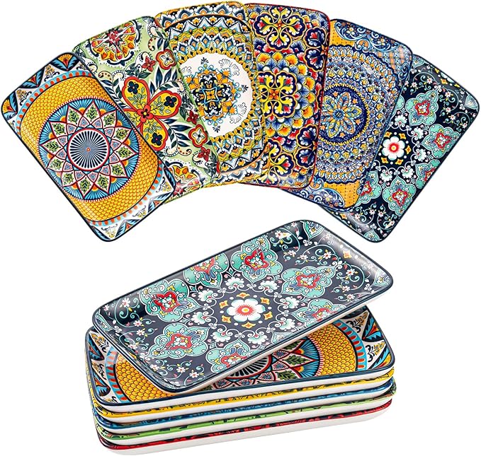 HENXFEN LEAD Boho Ceramic Dinner Plates 10 Inch – Large Rectangular Serving Plates Set of 6 for Salad, Sushi & Main Dishes, Microwave & Dishwasher Safe