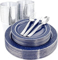 Ciaell 150 PCS Blue and Silver Plastic Plates - Blue Disposable Plate include 50 Plates, 25 Knives, 25 Forks, 25 Spoons, 25 Cups for Weddings & Party