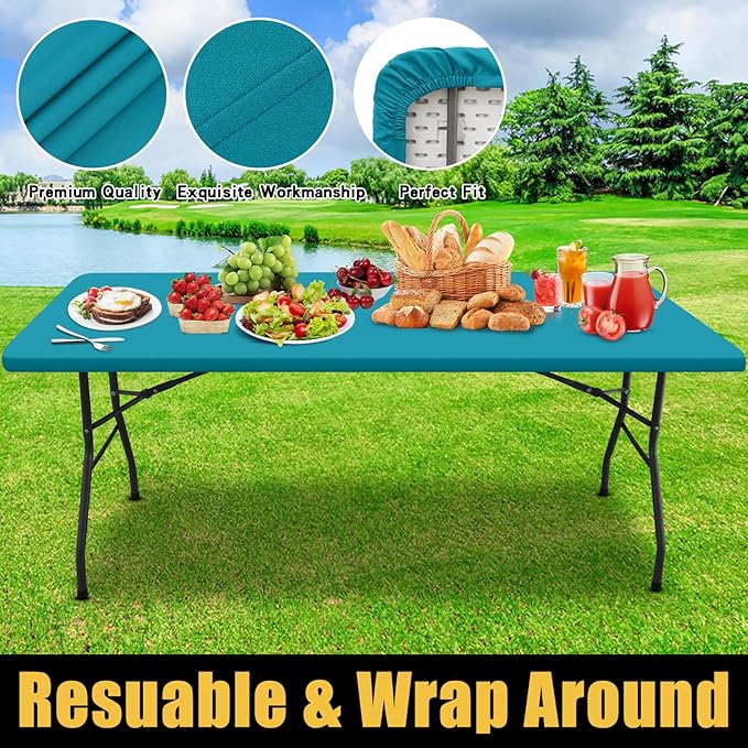 Smiry Rectangle Picnic Table Cloth, Waterproof Elastic Fitted Tablecloths for 5 Foot Tables, Washable Polyester Table Cover for Camping, Indoor and Outdoor (Teal 30"x60")