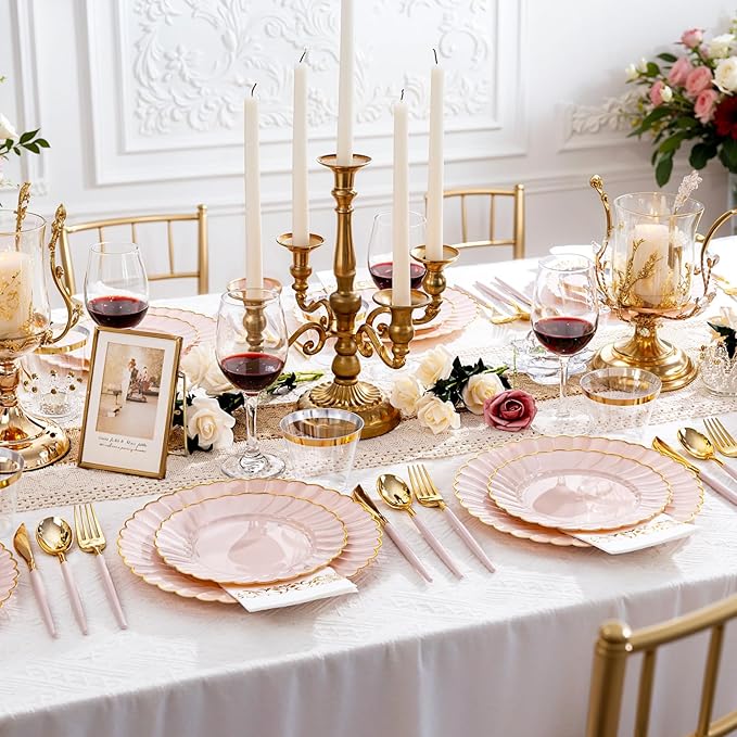 Ciaell 175 PCS Pink Scalloped Plastic Plates with Gold Trim - Pink Plastic Silverware with Handle - Fancy High-End Dinnerware Sets for Wedding & Baby Showers & Party & Valentine's Day