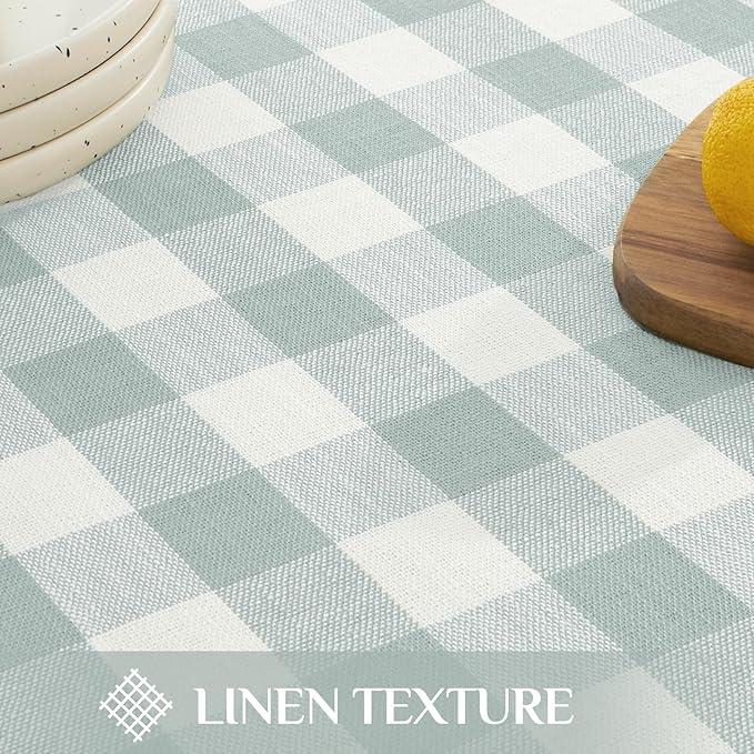Softalker Checkered Tablecloth Rectangle, Outdoor Linen Cotton Gingham Table Cloth with Tassel, Heavy Duty Wrinkle Free Buffalo Plaid Table Cover for Kitchen Dining Home Party - 55 x 102 Inch, Aqua